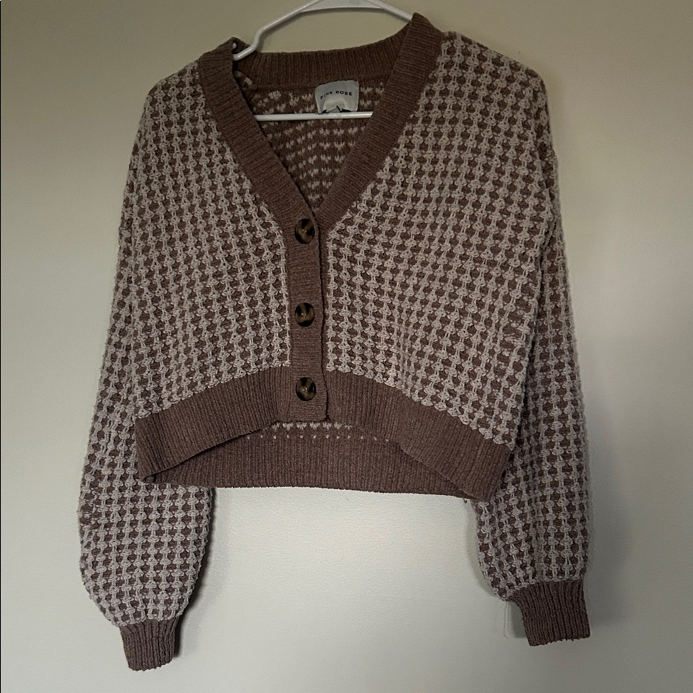 Pink Rose Brown and Cream Houndstooth Cardigan